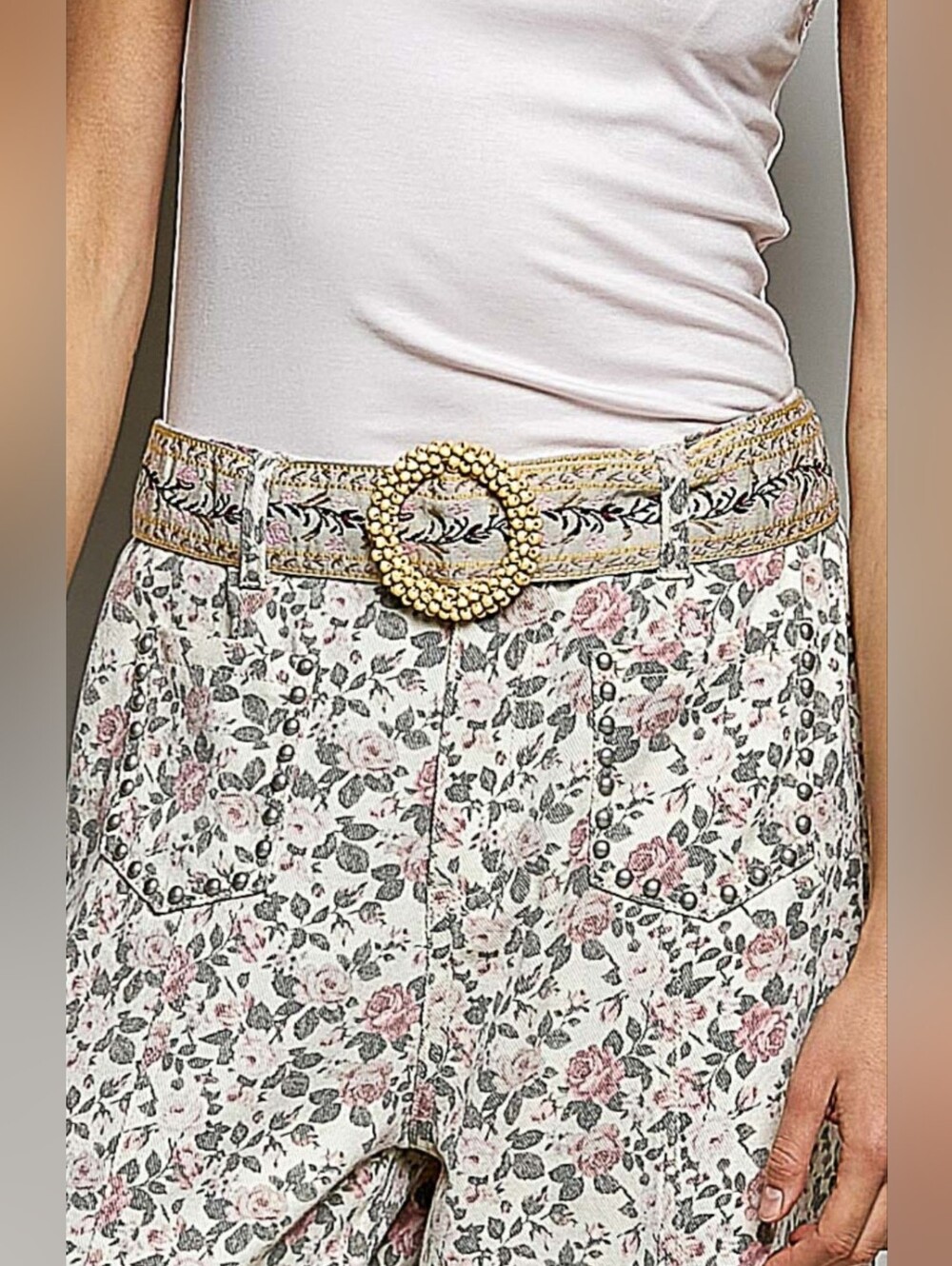 #1607 POL Vintage Garden Embroidered Boho Belt (Beige)